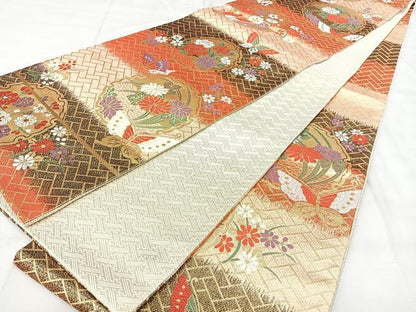 平和屋着物◎佐賀錦　六通柄袋帯　唐織　雪輪花蝶文　金糸　正絹　逸品　BAAY5234qw