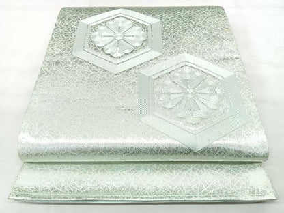 平和屋着物◎太鼓柄袋帯　総刺繍　亀甲花文　銀糸　正絹　逸品　BAAY5235qw