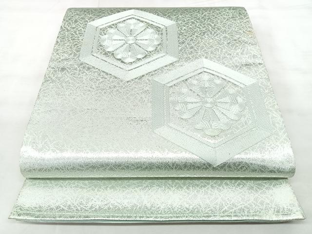 平和屋着物◎太鼓柄袋帯　総刺繍　亀甲花文　銀糸　正絹　逸品　BAAY5235qw