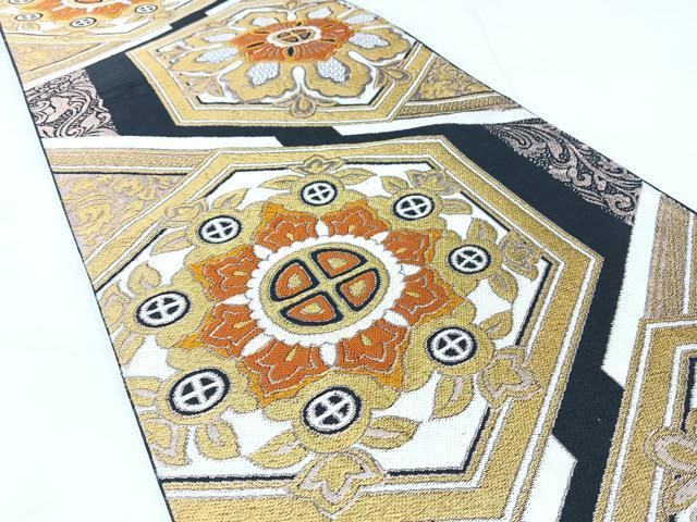 平和屋着物◎六通柄　京袋帯　亀甲花文　黒地　金糸　正絹　逸品　BAAY5242qw