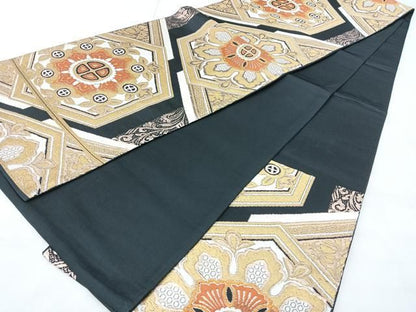 平和屋着物◎六通柄　京袋帯　亀甲花文　黒地　金糸　正絹　逸品　BAAY5242qw