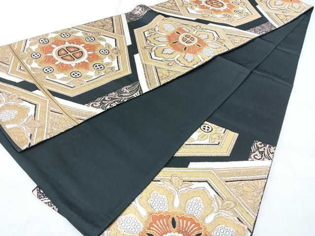 平和屋着物◎六通柄　京袋帯　亀甲花文　黒地　金糸　正絹　逸品　BAAY5242qw