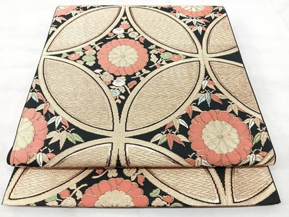 平和屋着物◎六通柄　本袋帯　松美錦　七宝花文　黒地　金糸　正絹　逸品　BAAY5244qw