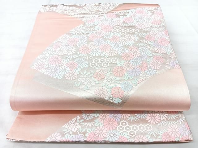 平和屋着物◎六通柄袋帯　唐織　地紙花文　銀糸　正絹　逸品　BAAY5254qw