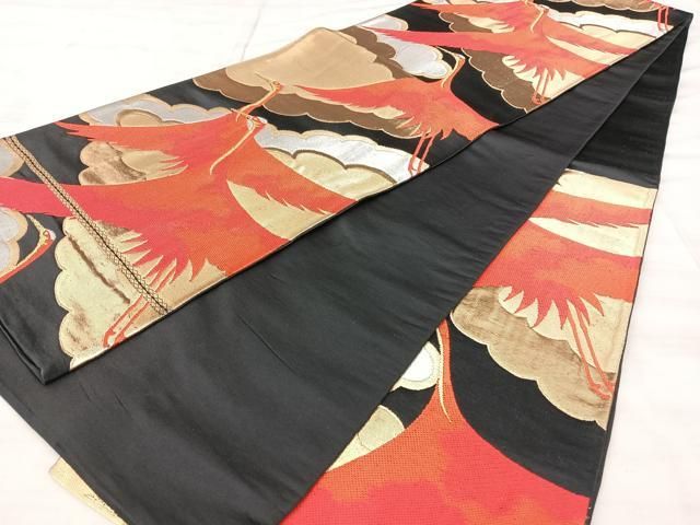 平和屋着物◎西陣　服部織物謹製　白鳥緞子　六通柄袋帯　飛鶴文　黒地　金銀糸　正絹　逸品　BAAY5258qw