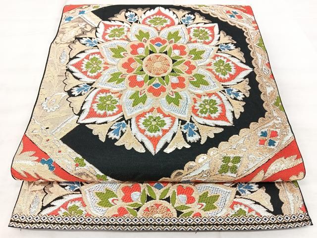 平和屋着物◎六通柄　本袋帯　正倉院花文　黒地　金銀糸　正絹　逸品　BAAY5260qw