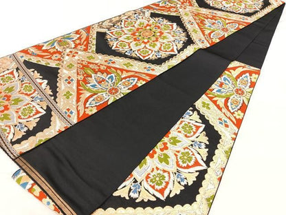 平和屋着物◎六通柄　本袋帯　正倉院花文　黒地　金銀糸　正絹　逸品　BAAY5260qw