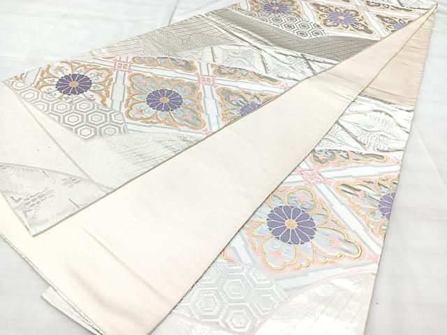 平和屋着物◎六通柄袋帯　地紙菱取華文　金銀糸　手先長尺　正絹　逸品　BAAY5265qw