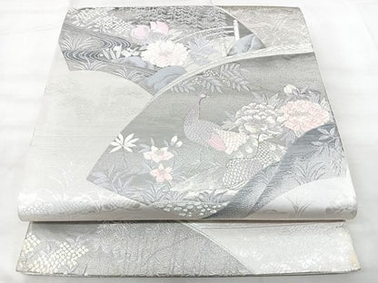 平和屋着物◎六通柄袋帯　地紙花鳥文　プラチナ箔　九百錦　正絹　逸品　BAAY5275qw