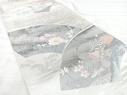平和屋着物◎六通柄袋帯　地紙花鳥文　プラチナ箔　九百錦　正絹　逸品　BAAY5275qw