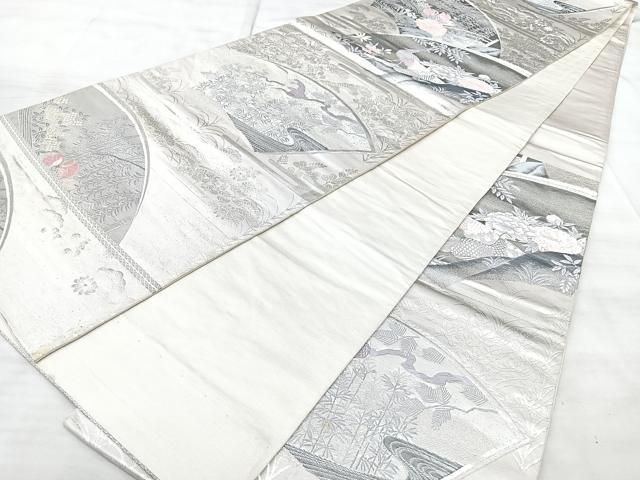 平和屋着物◎六通柄袋帯　地紙花鳥文　プラチナ箔　九百錦　正絹　逸品　BAAY5275qw