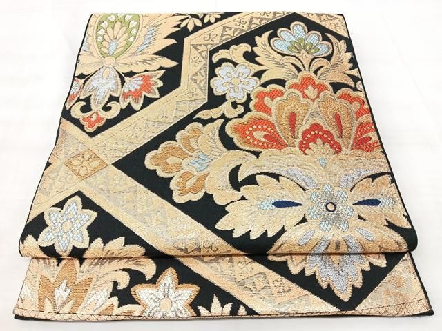 平和屋着物◎六通柄　本袋帯　更紗花文　黒地　金銀糸　正絹　逸品　BAAY5284qw