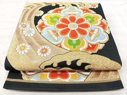 平和屋着物◎六通柄袋帯　正倉院立波花文　黒地　金糸　正絹　逸品　BAAY5286qw