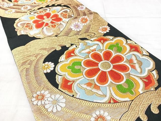 平和屋着物◎六通柄袋帯　正倉院立波花文　黒地　金糸　正絹　逸品　BAAY5286qw