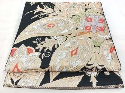 平和屋着物◎六通柄　本袋帯　更紗花文　黒地　金糸　正絹　逸品　BAAY5288qw