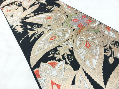 平和屋着物◎六通柄　本袋帯　更紗花文　黒地　金糸　正絹　逸品　BAAY5288qw