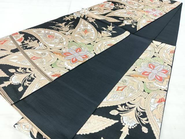 平和屋着物◎六通柄　本袋帯　更紗花文　黒地　金糸　正絹　逸品　BAAY5288qw