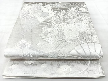 平和屋着物◎六通柄袋帯　扇面花車文　美保姿　銀糸　正絹　逸品　BAAY5289qw