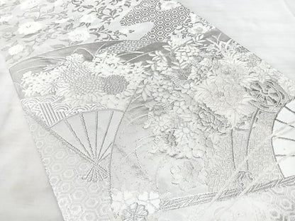 平和屋着物◎六通柄袋帯　扇面花車文　美保姿　銀糸　正絹　逸品　BAAY5289qw