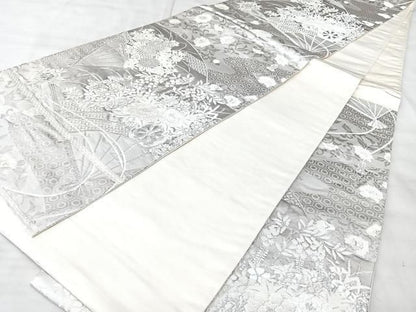 平和屋着物◎六通柄袋帯　扇面花車文　美保姿　銀糸　正絹　逸品　BAAY5289qw