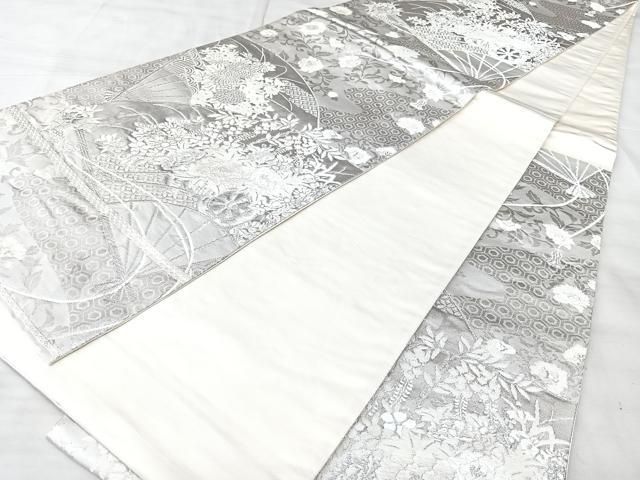 平和屋着物◎六通柄袋帯　扇面花車文　美保姿　銀糸　正絹　逸品　BAAY5289qw