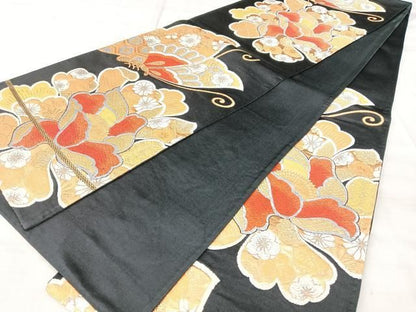 平和屋着物◎六通柄袋帯　花蝶文　黒地　金銀糸　正絹　逸品　BAAY5290qw
