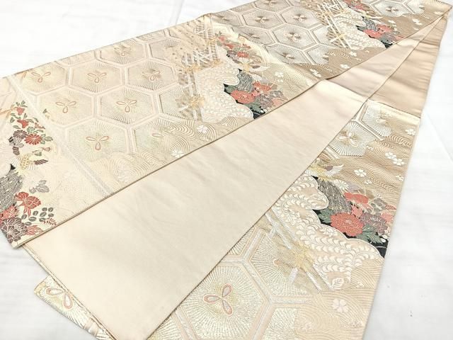 平和屋着物◎六通柄袋帯　雲取り亀甲花文　金銀糸　正絹　逸品　BAAY5295qw