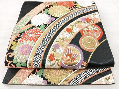 平和屋着物◎六通柄袋帯　唐織　慶花寿涛文　黒地　金糸　正絹　逸品　BAAY5300qw