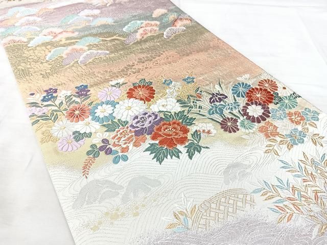 平和屋着物◎六通柄袋帯　唐織　風景花文　金銀糸　正絹　逸品　未使用　BAAY5315qw