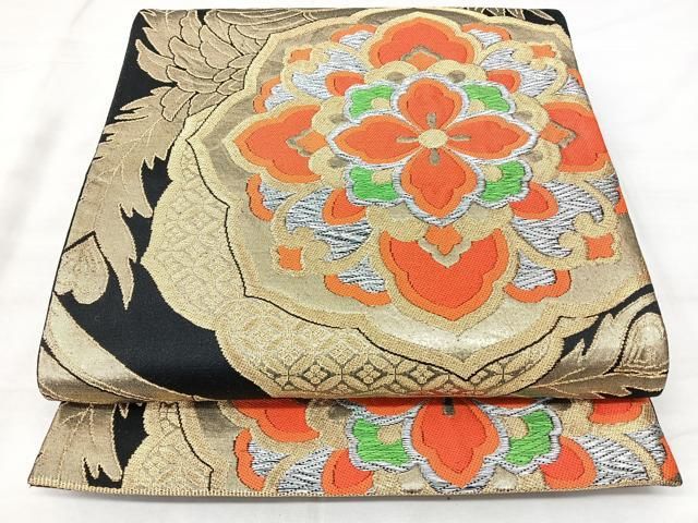 平和屋着物◎六通柄袋帯　正倉院鳳凰花文　黒地　金銀糸　正絹　逸品　BAAY5318qw
