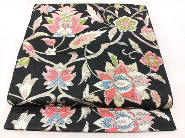 平和屋着物◎六通柄　本袋帯　更紗花文　黒地　金糸　正絹　逸品　BAAY5322qw