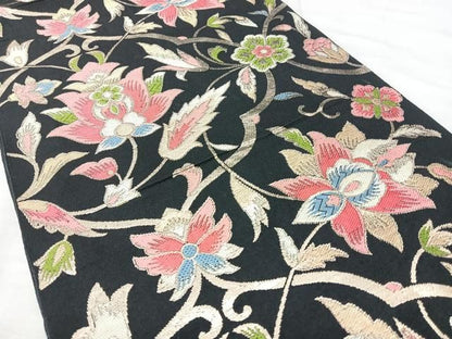 平和屋着物◎六通柄　本袋帯　更紗花文　黒地　金糸　正絹　逸品　BAAY5322qw