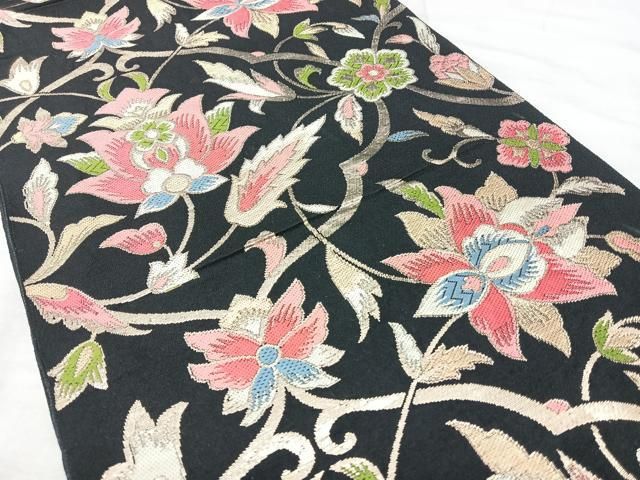 平和屋着物◎六通柄　本袋帯　更紗花文　黒地　金糸　正絹　逸品　BAAY5322qw