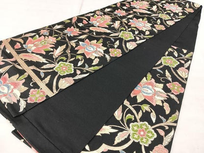 平和屋着物◎六通柄　本袋帯　更紗花文　黒地　金糸　正絹　逸品　BAAY5322qw