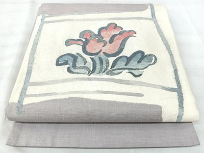 平和屋着物◎太鼓柄袋帯　紬地　洋花文　正絹　逸品　BAAY5328qw