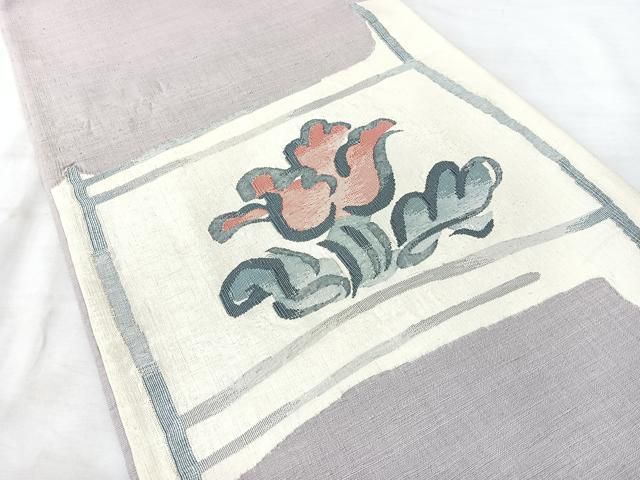 平和屋着物◎太鼓柄袋帯　紬地　洋花文　正絹　逸品　BAAY5328qw