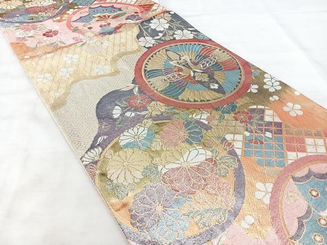 平和屋着物◎六通柄袋帯　九百佐賀錦　慶長　花鳥丸文　金銀糸　正絹　逸品　BAAY5334qw