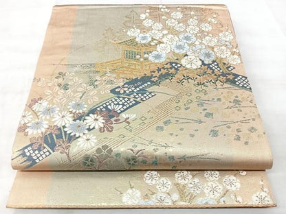 平和屋着物◎六通柄袋帯　綾小袖錦　風景花文　金糸　正絹　逸品　BAAY5336qw