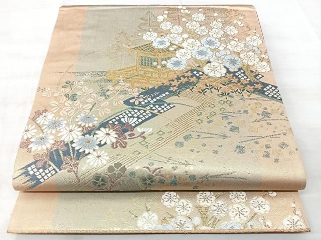 平和屋着物◎六通柄袋帯　綾小袖錦　風景花文　金糸　正絹　逸品　BAAY5336qw