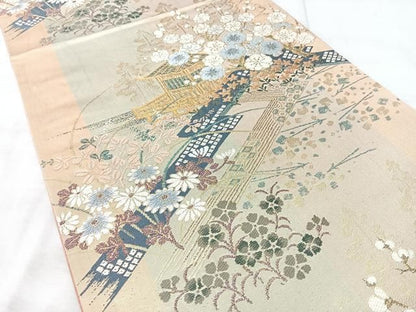 平和屋着物◎六通柄袋帯　綾小袖錦　風景花文　金糸　正絹　逸品　BAAY5336qw