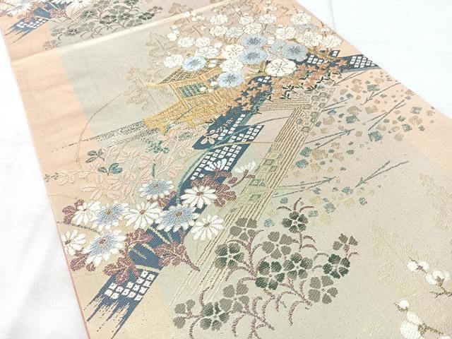平和屋着物◎六通柄袋帯　綾小袖錦　風景花文　金糸　正絹　逸品　BAAY5336qw