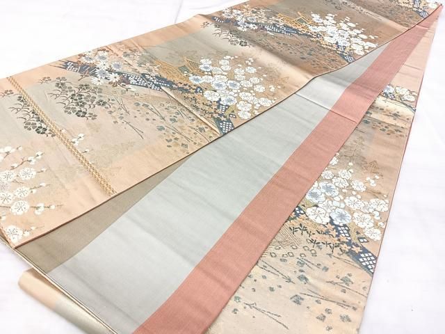 平和屋着物◎六通柄袋帯　綾小袖錦　風景花文　金糸　正絹　逸品　BAAY5336qw