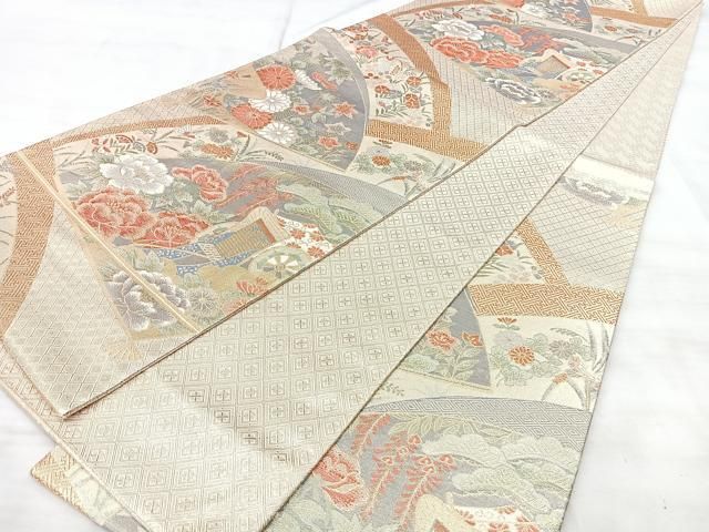 平和屋着物◎六通柄袋帯　宝珠本佐賀錦　九百錦　扇面御所車花文　金糸　正絹　逸品　BAAY5348qw