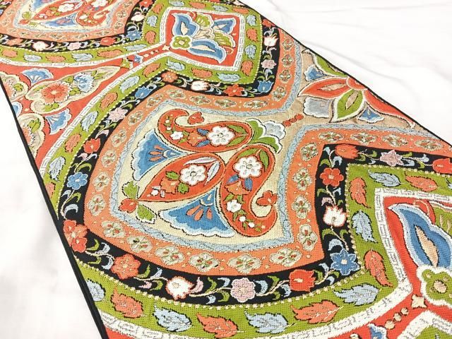 平和屋着物◎六通柄　本袋帯　更紗花文　黒地　金糸　正絹　逸品　BAAY5351qw