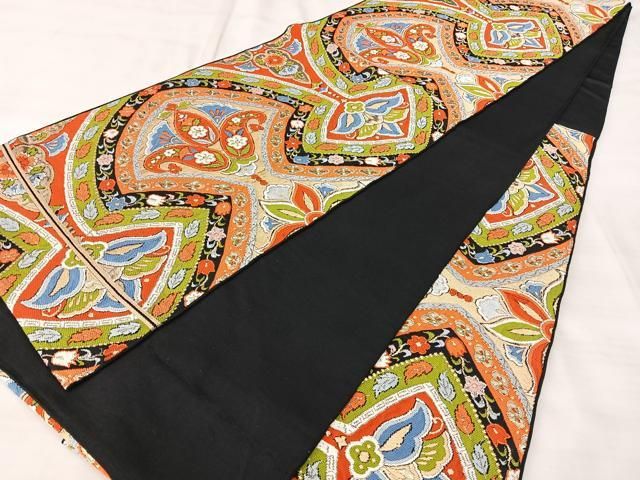 平和屋着物◎六通柄　本袋帯　更紗花文　黒地　金糸　正絹　逸品　BAAY5351qw