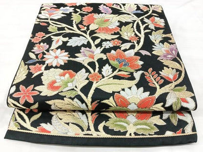 平和屋着物◎西陣　六通柄　本袋帯　更紗花文　黒地　金銀糸　正絹　逸品　BAAY5353qw