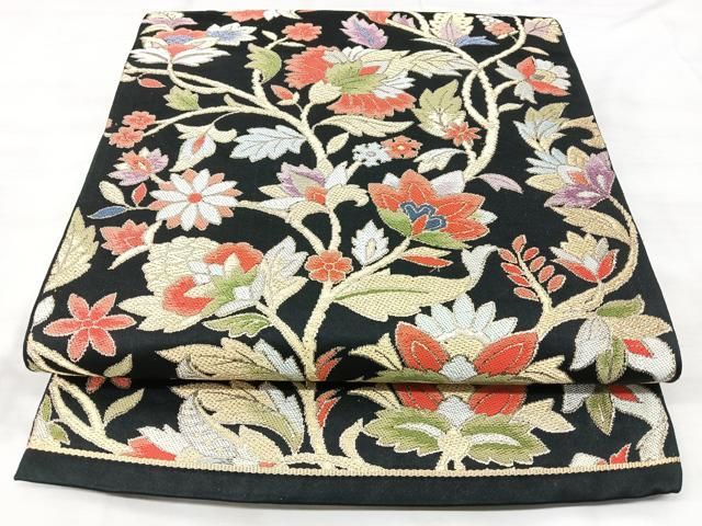 平和屋着物◎西陣　六通柄　本袋帯　更紗花文　黒地　金銀糸　正絹　逸品　BAAY5353qw