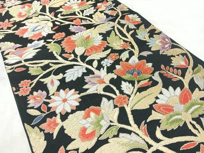 平和屋着物◎西陣　六通柄　本袋帯　更紗花文　黒地　金銀糸　正絹　逸品　BAAY5353qw