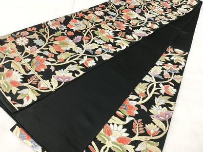 平和屋着物◎西陣　六通柄　本袋帯　更紗花文　黒地　金銀糸　正絹　逸品　BAAY5353qw