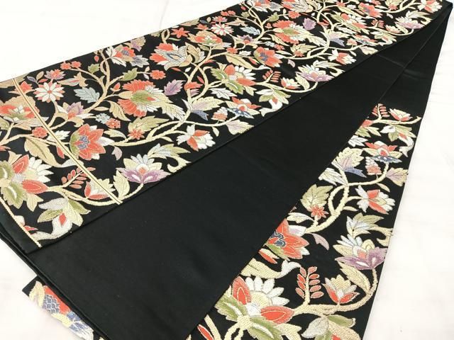 平和屋着物◎西陣　六通柄　本袋帯　更紗花文　黒地　金銀糸　正絹　逸品　BAAY5353qw
